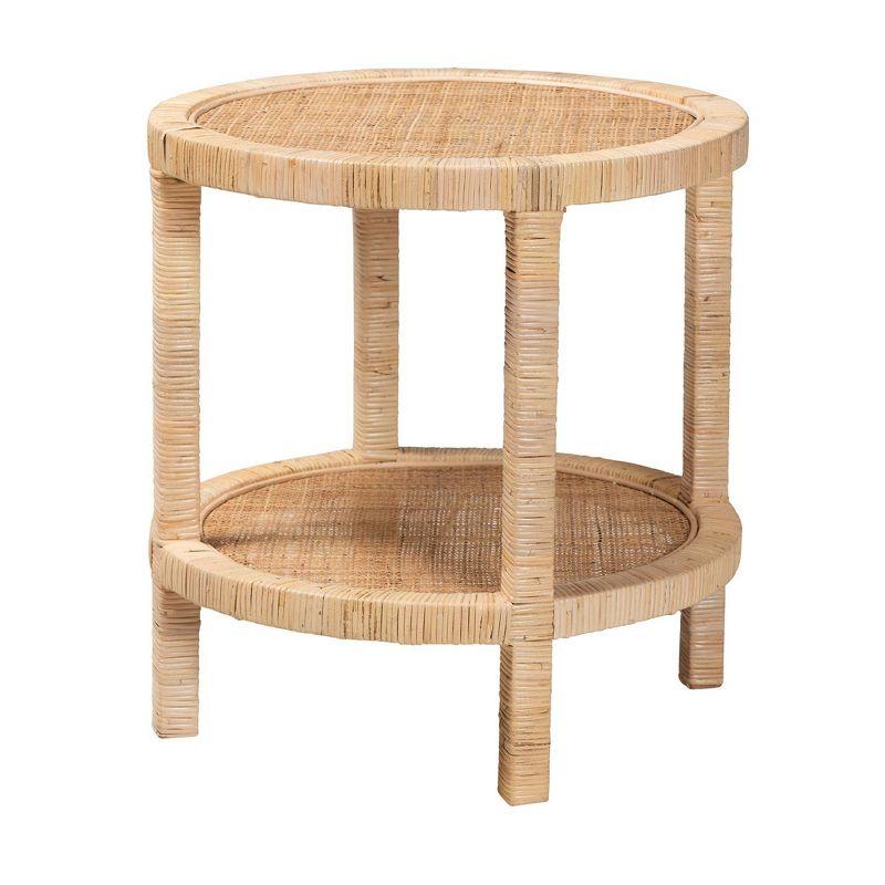 Bella Natural Mahogany Wood and Rattan 2-Tier Round Accent Table