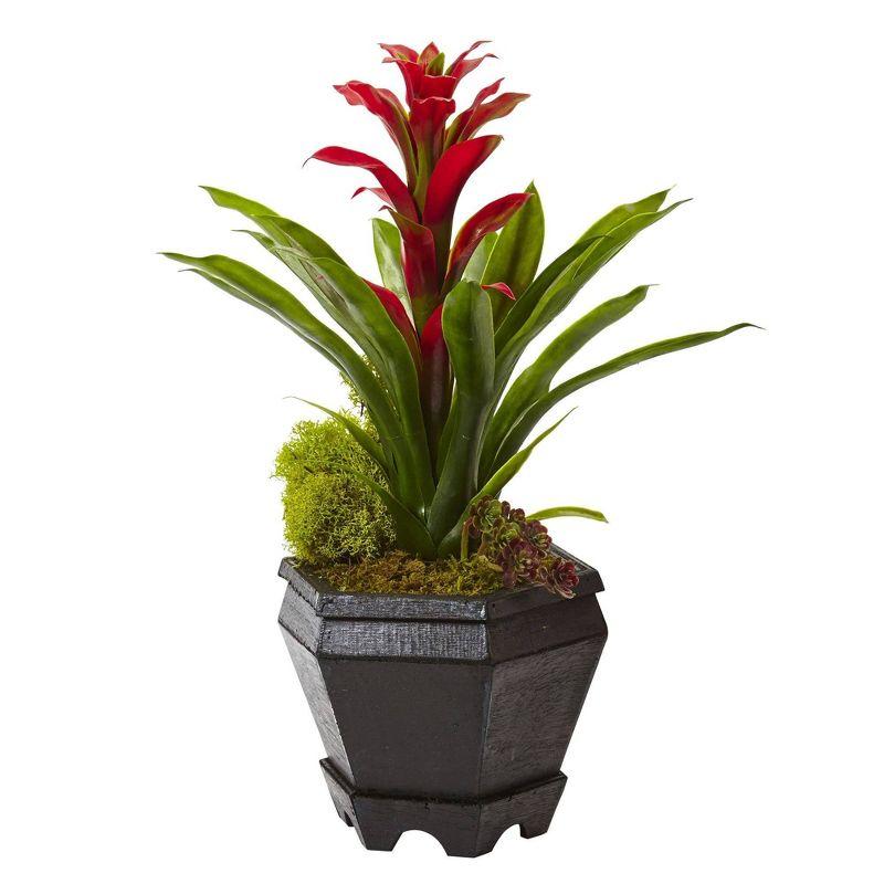 Nearly Natural 16.5-in Bromeliad in Black Hexagon Planter