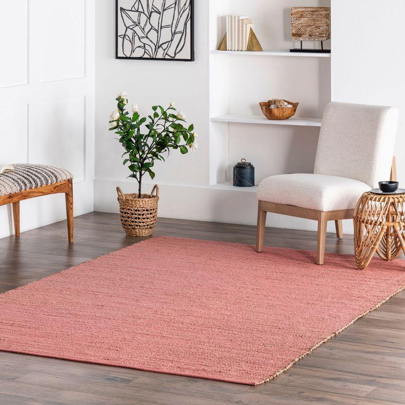Nuloom 4x6 Elfriede Jute & Cotton Hand Woven Indoor Area Rug, Pink, Solid Rustic Farmhouse Style Natural Fiber Bedroom, Living Room,