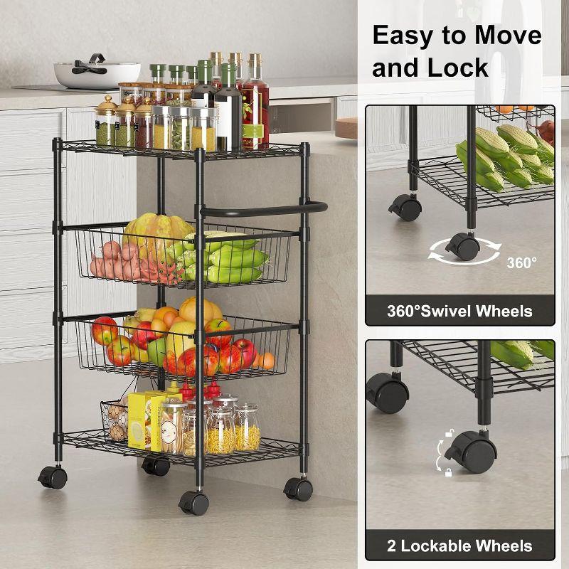 4 Tier Rolling Carts, Metal Wire Utility Cart with Wheels & Handle Bar, 110Lbs Heavy Duty Serving Trolley Storage Cart for Restaurant, Kitchen, Black