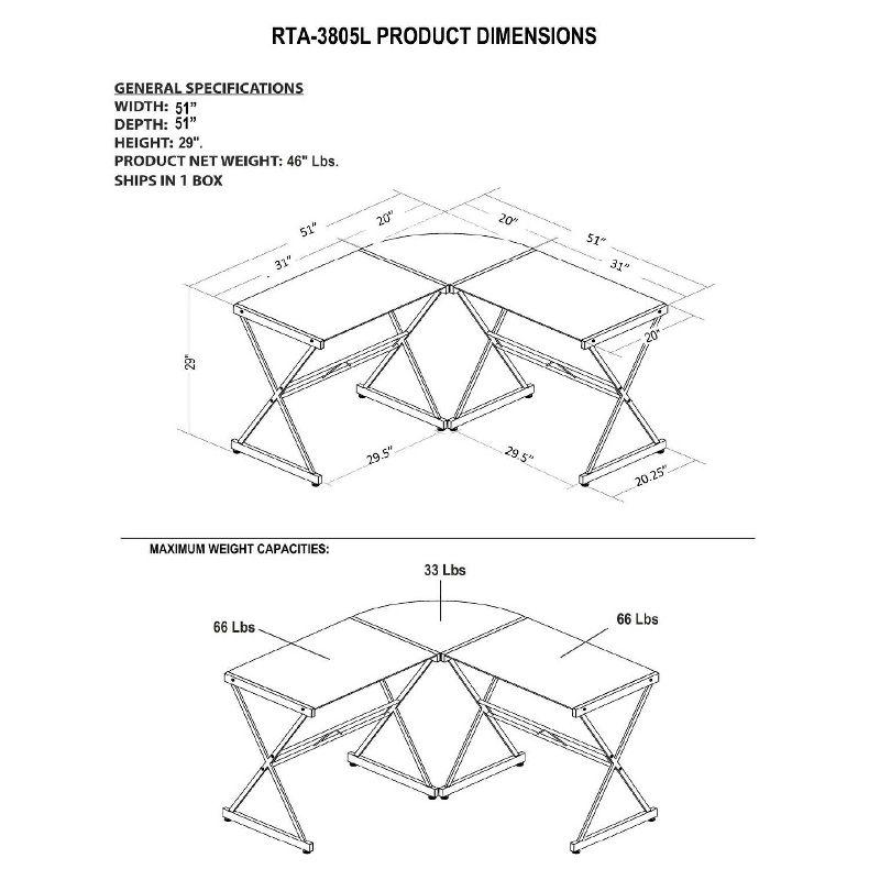 L Shaped Glass Computer Desk Black - Techni Mobili: Modern Office, Tempered Top, Steel Frame, Open Storage Shelf