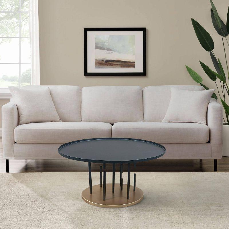 The Urban Port 31" Coffee Table Round Matte Black Tray Top Modern Rod Supports with Brass Base Black/Brass