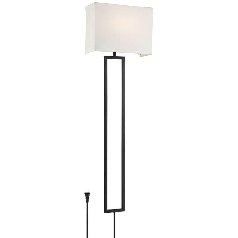 Possini Euro Design Portico Modern Wall Lamp Black Plug-in 11" Light Fixture LED White Linen Rectangular Shade for Bedroom Reading Living Room House