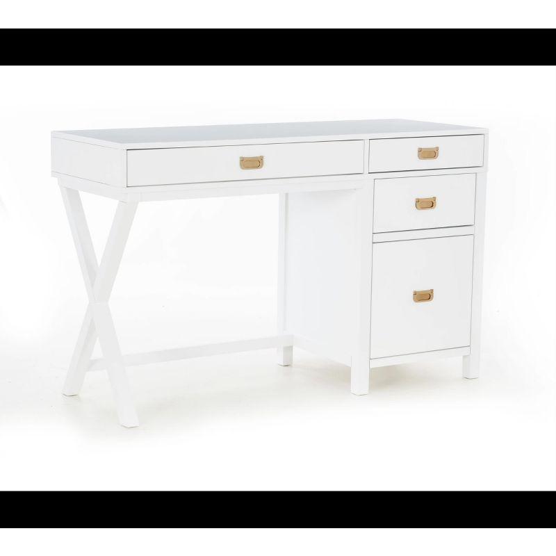 Linon Peggy Transitional Campaign Side Storage Desk White: Modern Rubberwood Frame, MDF Surface, Metal Hardware