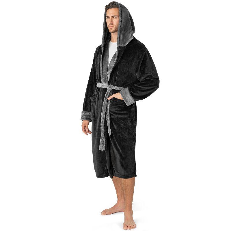 PAVILIA Mens Robe, Hooded Soft Bathrobe for Men, Fleece Plush Warm Shawl Collar Hood Pockets for Bath Shower Spa (Black/Gray, One Size)