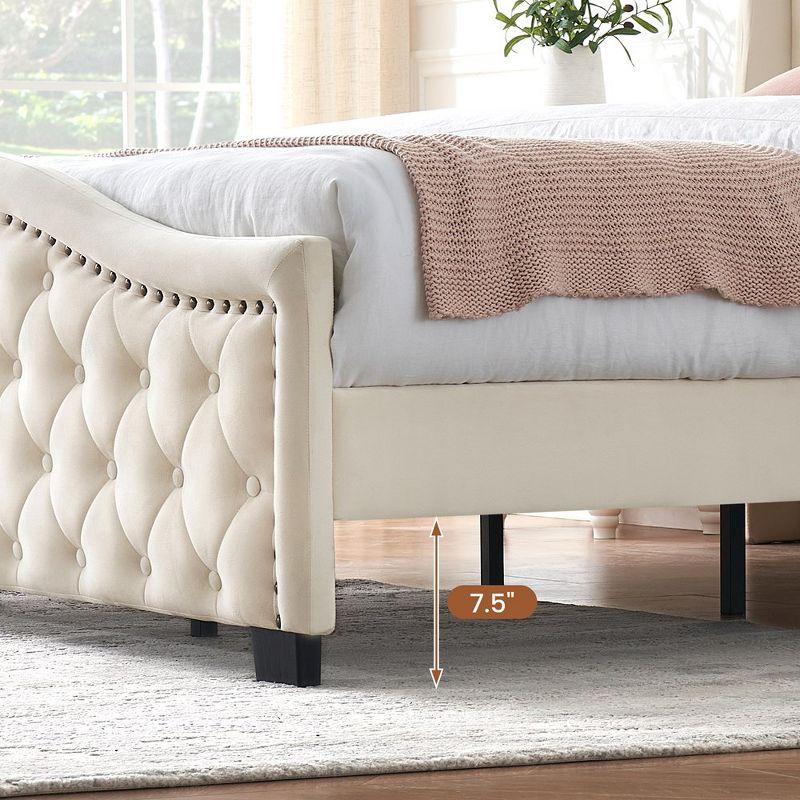 Whizmax Upholstered Platform Bed Frame with Velvet Button Tufted & Nailhead Trim Wingback Headboard, Beige