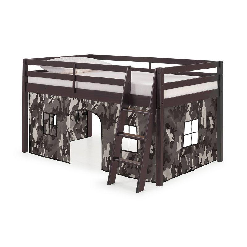 Roxy Twin Espresso Wood Loft Bed with Gray Camo Tent