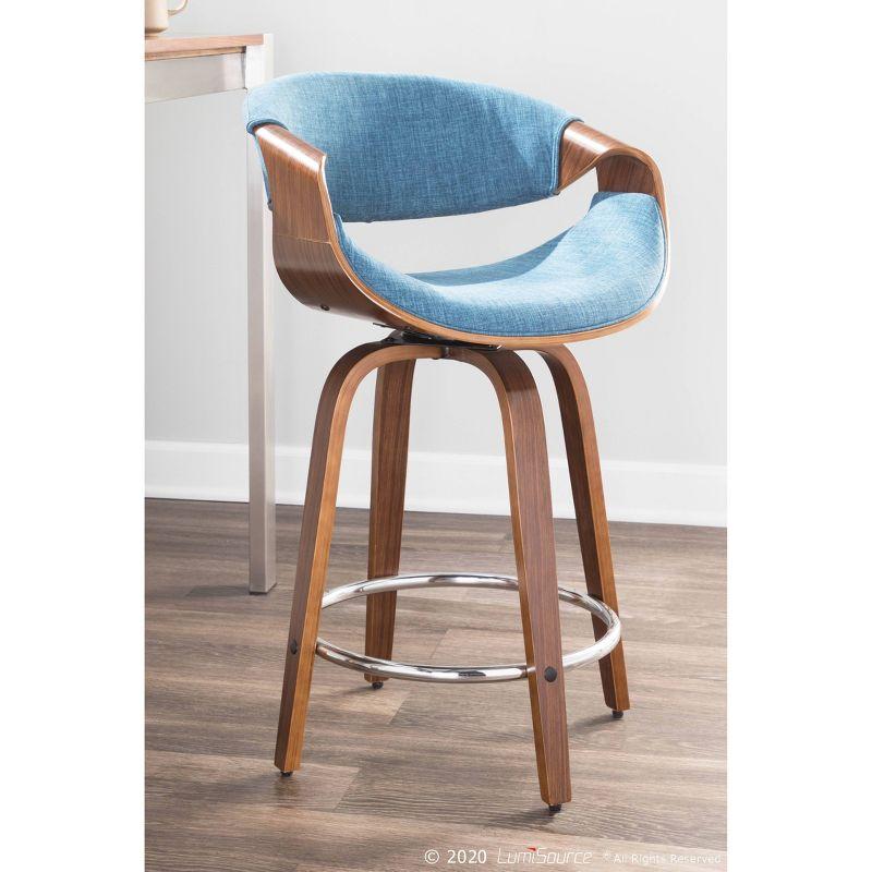 LumiSource Set of 2 Curvini Upholstered Counter Height Barstools Blue/Walnut: Swivel, Chrome-Plated, Wood Legs