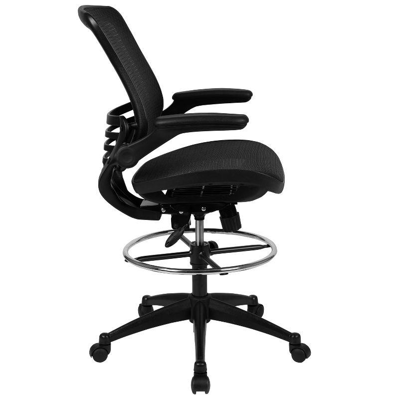 Flash Furniture Waylon Mid-Back Transparent Black Mesh Drafting Chair with Black Frame and Flip-Up Arms