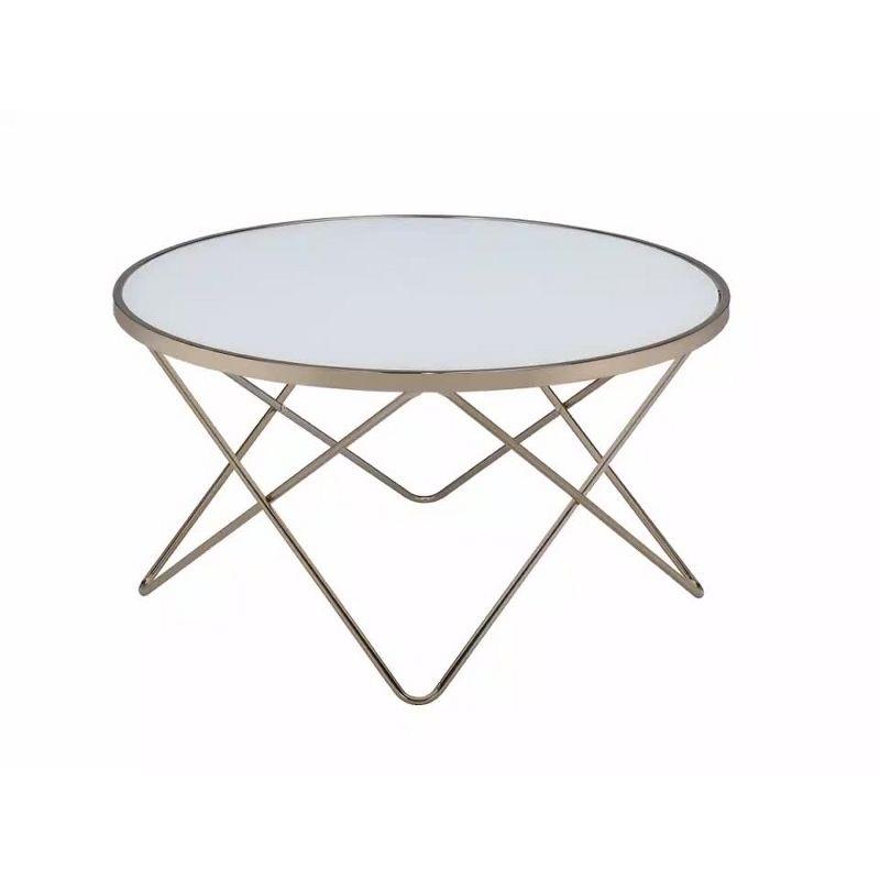 Champagne Elegance Round Glass Coffee Table with Geometric Base