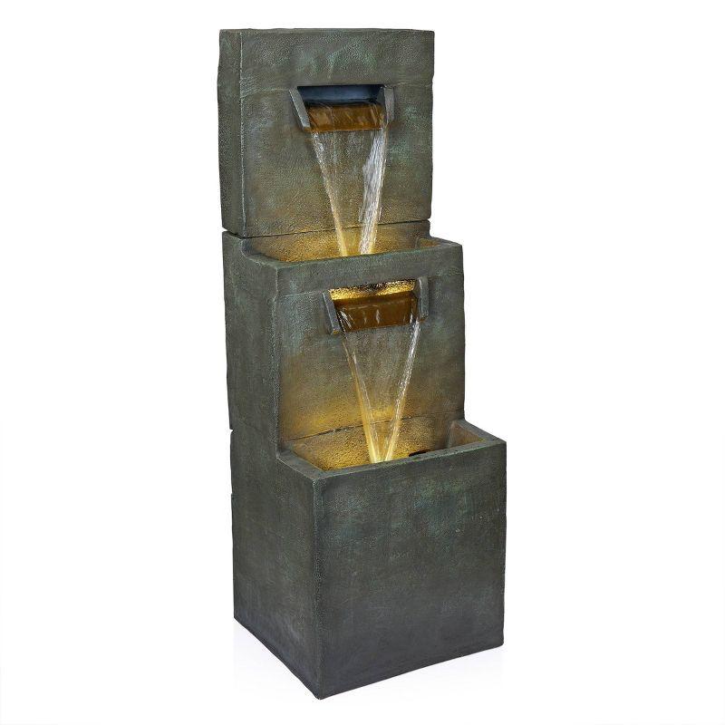 Alpine Corporation 40" Polyresin 2-Tier Modern Polystone Sculptural Fountain With Warm White LED Lights