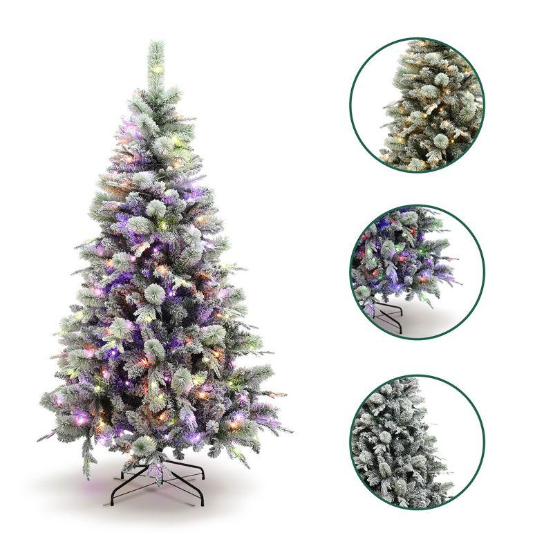 LuxenHome 6Ft Pre-Lit Full Artificial Snow-Flocked Christmas Tree, 4 Color Changing, 3 Brightness Levels, with Metal Stand Green