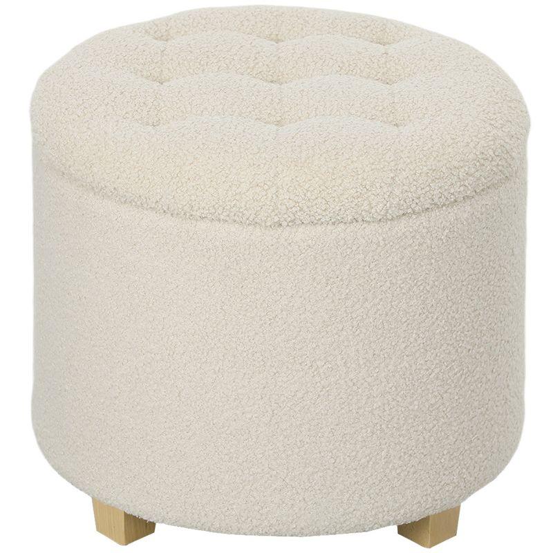 HOMCOM 18" Round Ottoman with Storage, Teddy Fleece Button Tufted Bedroom Stool with Removable Lid and Wood Legs for Living Room, Hallway, White