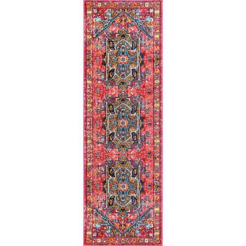 Reyna Blue and Pink Synthetic Medallion Runner Rug