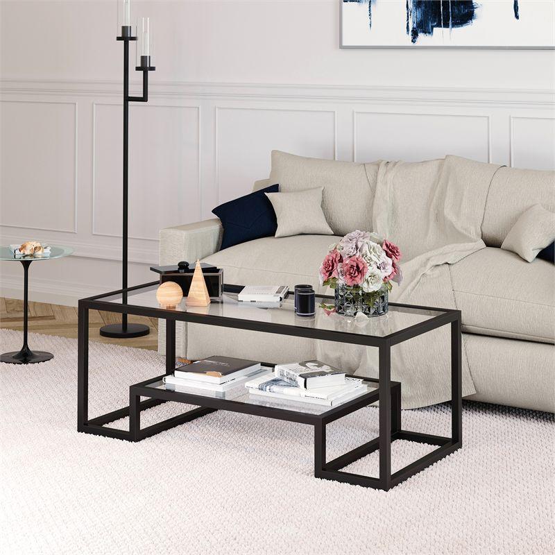 Blackened Bronze Rectangular Glass Coffee Table with Lower Shelf