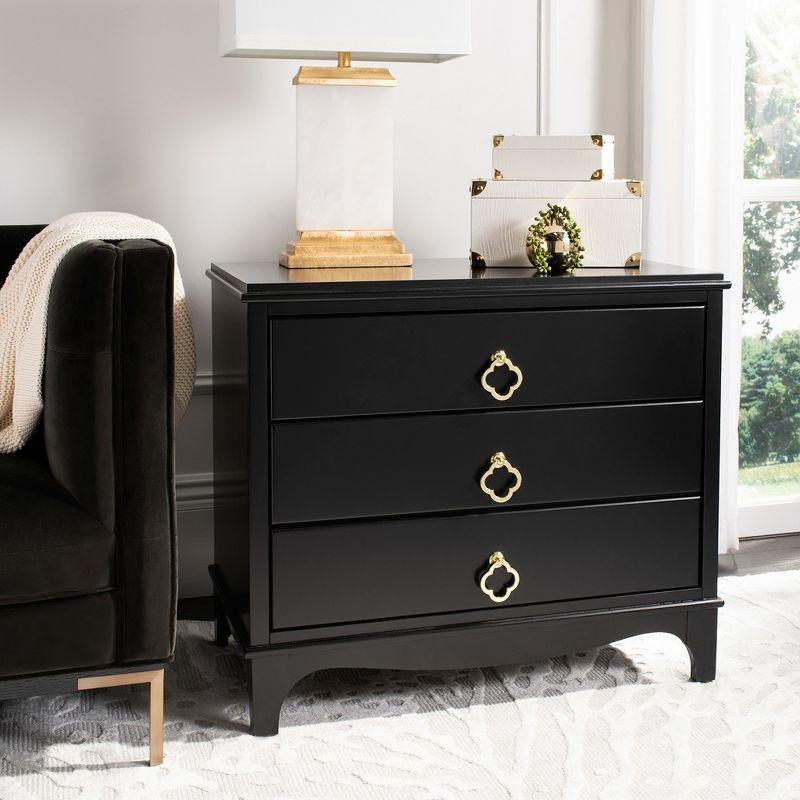 Transitional Black and Gold 3-Drawer Nightstand with Brass Quatrefoil Pulls