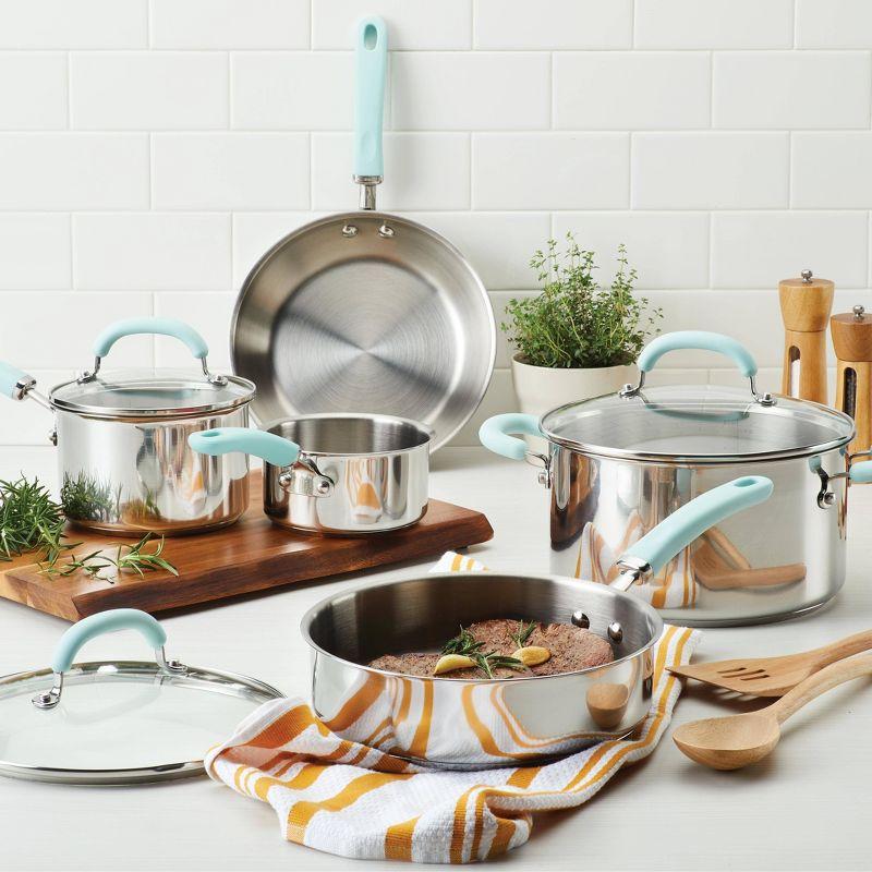 10-Piece Stainless Steel Cookware Set with Light Blue Handles