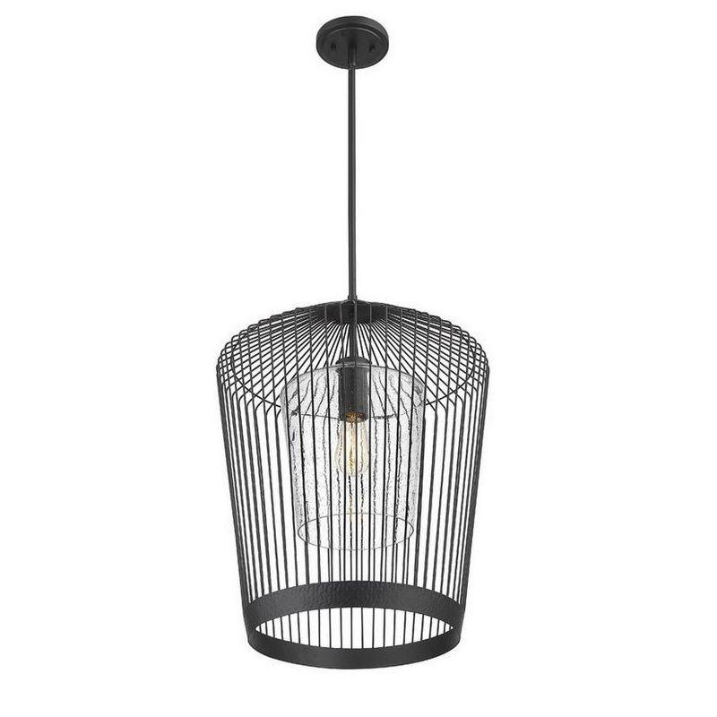 Transitional Matte Black Cage Pendant with Seeded Glass - 18.5" x 24.75"