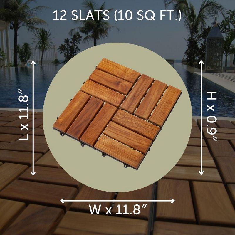 Nordic Teak (10 sq ft) Oiled Teak Outdoor Interlocking Floor Tiles, 12 Slat - Brown