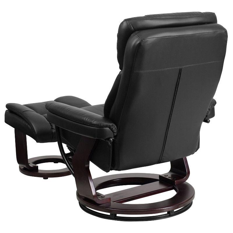 Flash Furniture Contemporary Multi-Position Recliner and Curved Ottoman with Swivel Mahogany Wood Base in Black LeatherSoft