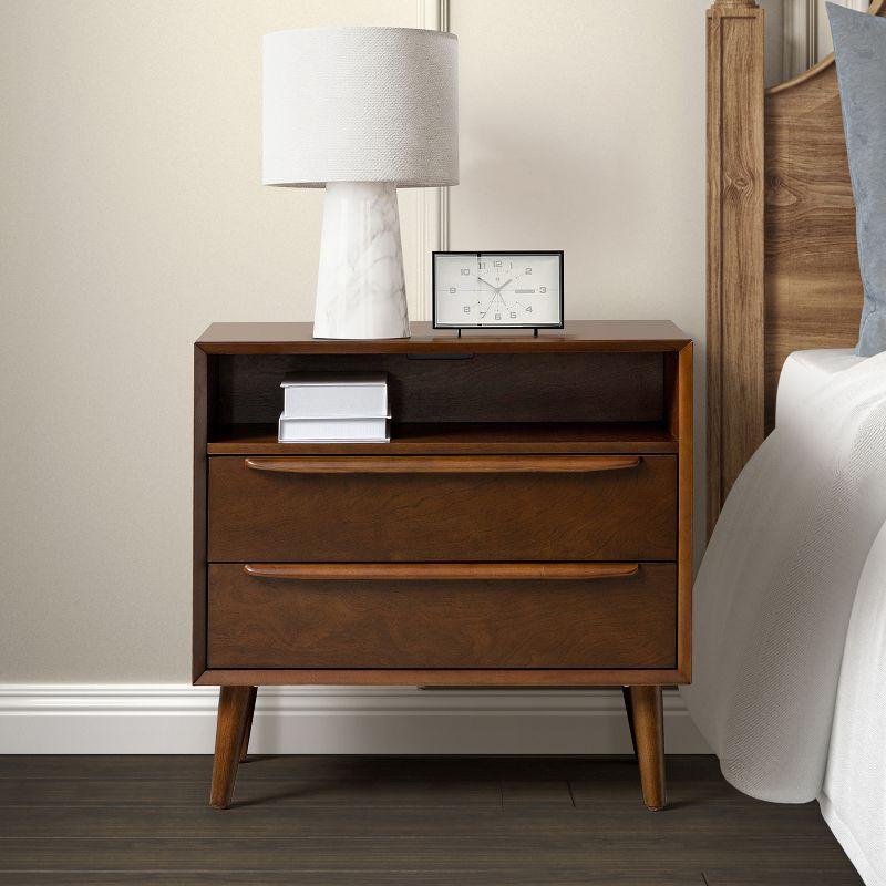 Margery Mid-century Modern 2 - Drawer Nightstand with Built-In Outlets | HULALA HOME-WALNUT