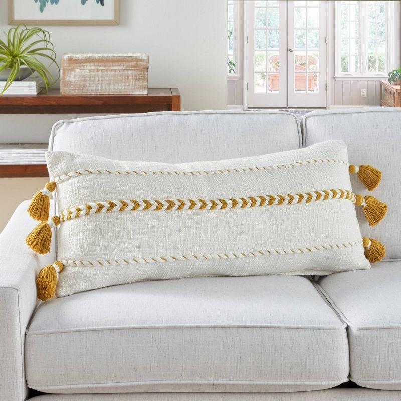 Chic Farmhouse Braided Stripes Mustard and White Cotton Lumbar Pillow