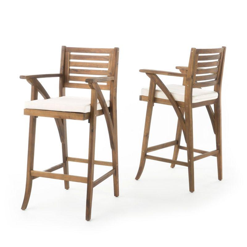 Teak Finish Acacia Wood Outdoor Barstools with Cushions, Set of 2