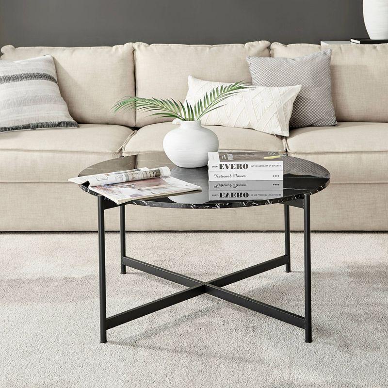 Elegant 36" Round Black Marble & Metal Coffee Table