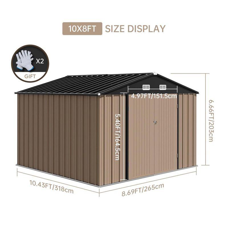 10x8 FT Outdoor Metal Storage Shed, Steel Utility Shed Storage, Metal Shed Outdoor Storage with Lockable Door Design Brown