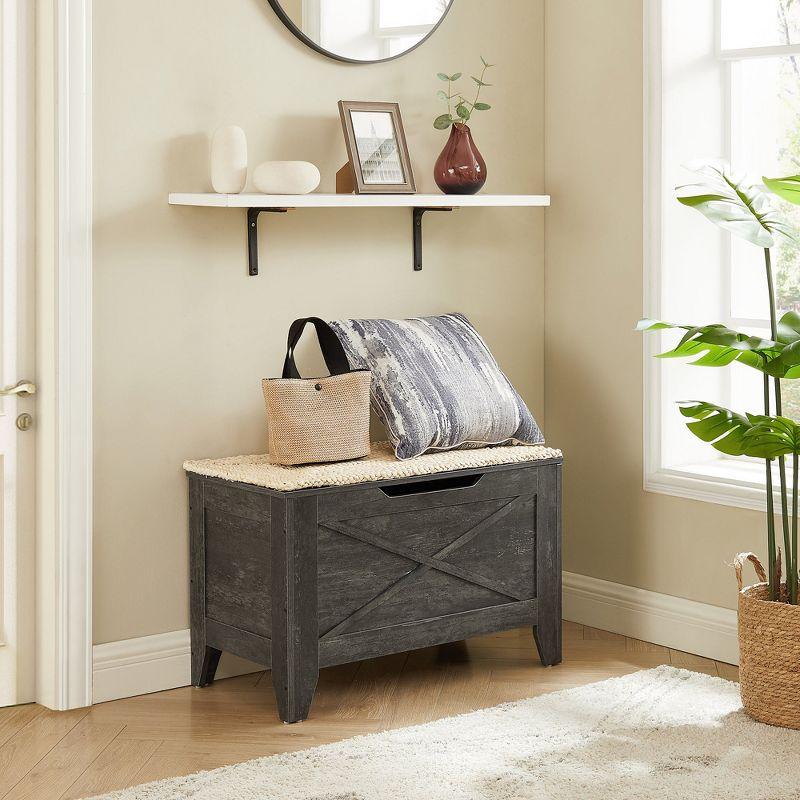 VECELO 30" Storage Ottoman Wooden Bench with Wicker-Knot Cushions Toy Box Organizer with Safety Hinges Charcoal Gray