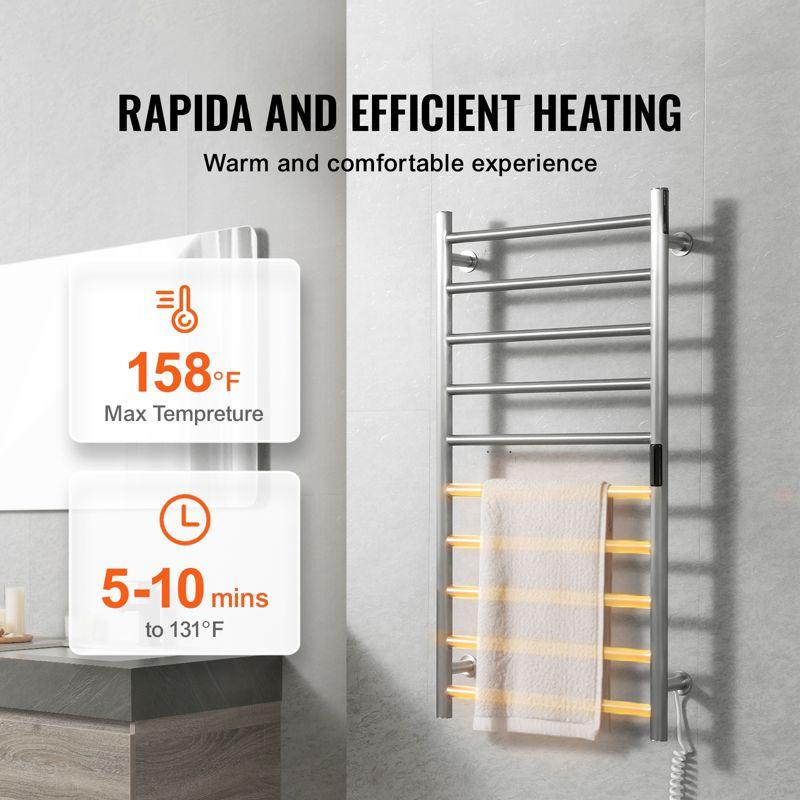VEVOR 10 Bars Towel Warmer Rack, Wall Mounted Heated Towel Rack for Bathroom, IPX5 Waterpoof Towel Heater Rack with Timer & Display Screen, Silver