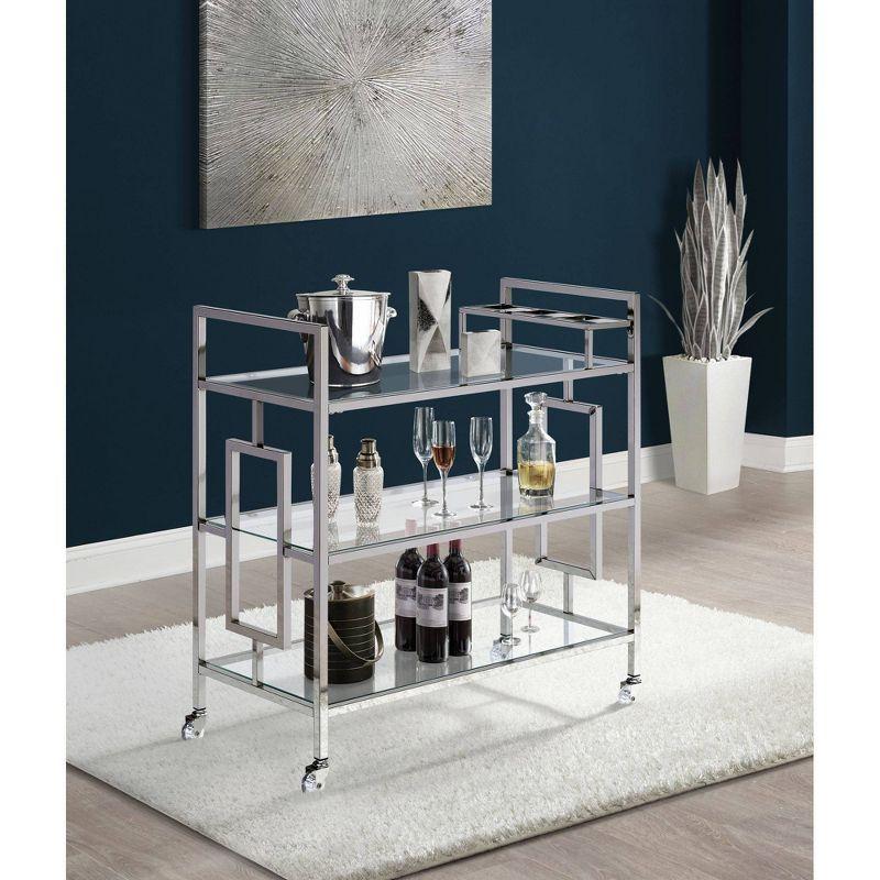 Harper Serving Bar Cart Chrome - Picket House Furnishings: Modern Glam, Tempered Shelves, Wheeled