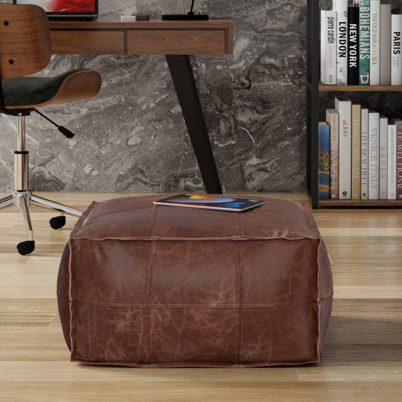 Erving Distressed Brown Leather Square Pouf