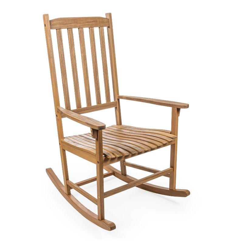 Seagrove Farmhouse Classic Slat-Back 350-LBS Support Acacia Wood Outdoor Rocking Chair, Teak Brown - JONATHAN Y
