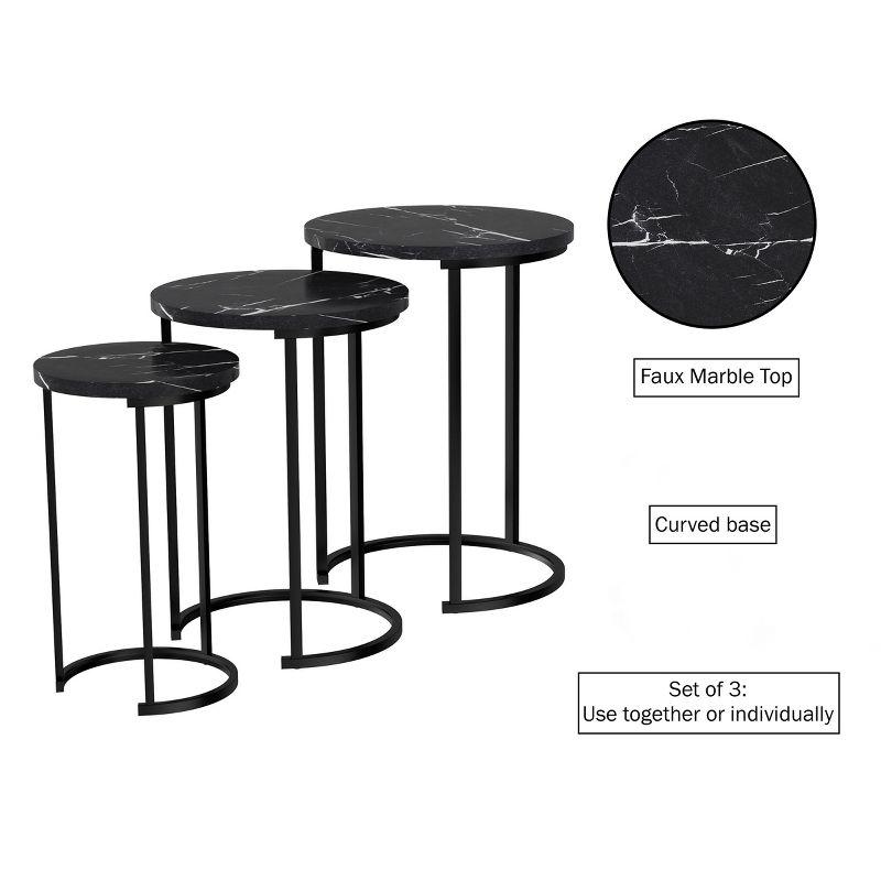 Hasting Home Set of 3 Round Living Room End Tables – Modern Faux Marble Top and Black Metal Base Nesting Tables or Nightstands