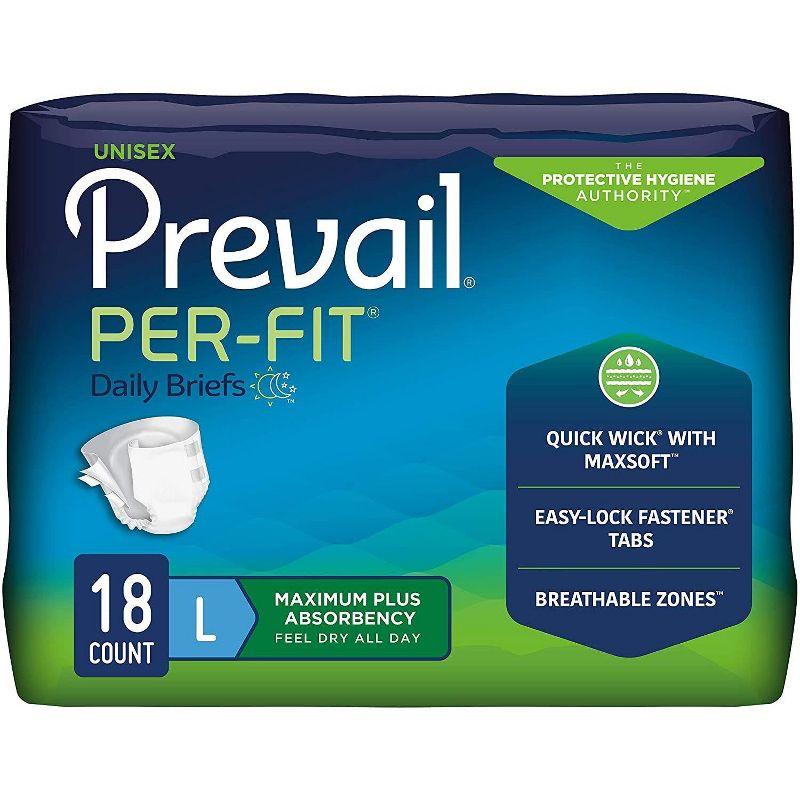 Prevail Per-Fit Unisex Daily Briefs, Maximum Plus Absorbency, Refastenable Tabs, Large, 72ct