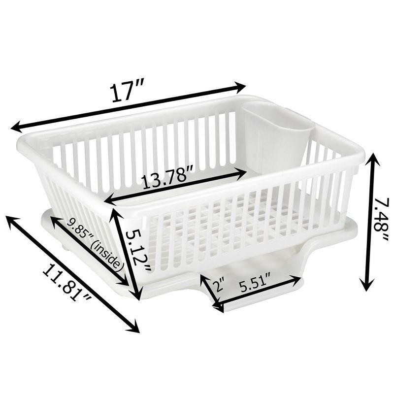 Basicwise Heavy Duty 2-Piece Plastic Dish Drying Rack Set in White - Includes Large Dish Drainer, Attached Drainboard, and Utensil Cup Holders