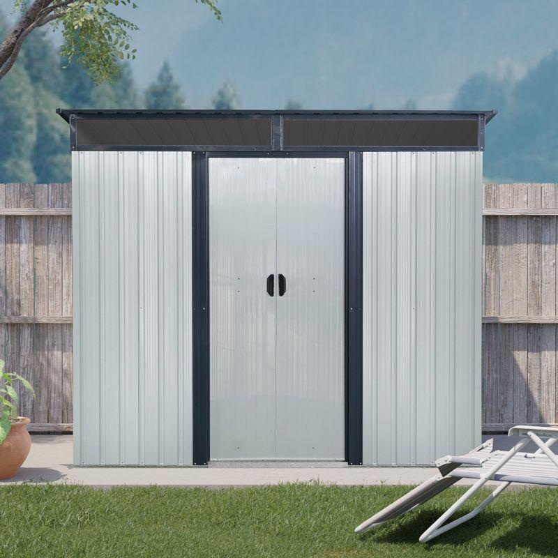 93.75"8ft x 6ft Outdoor Metal Storage with Lockable Sliding Doors and Transparent plate for Garden, Lawn (White and Black)