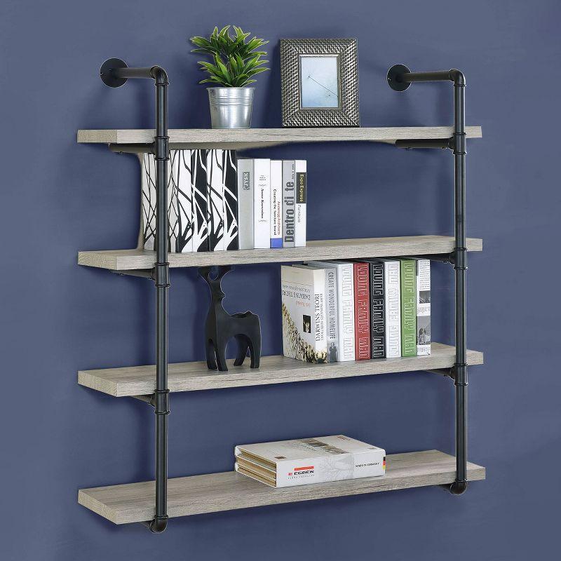 39" Elmcrest 4 Shelf Wall Bookcase with Black Frame Gray Driftwood - Coaster: Industrial Style Storage