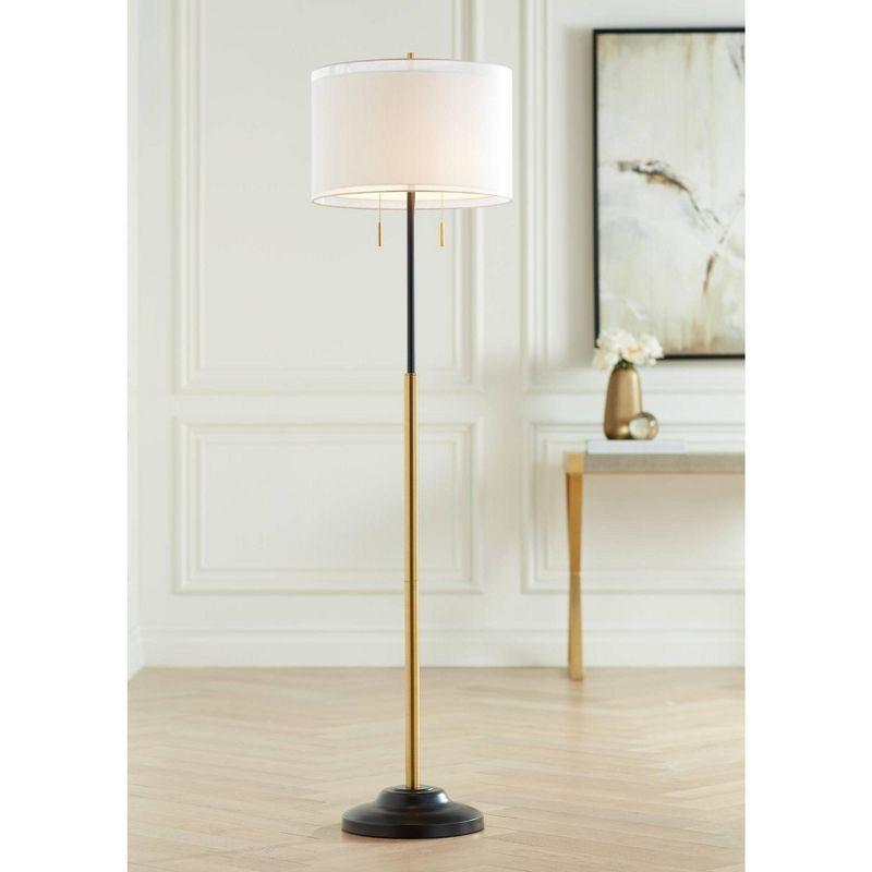 Possini Euro Design Roxie Modern Floor Lamp Standing 65 1/2" Tall Brass Black Metal Sheer Linen Double Drum Shade for Living Room Bedroom Office House