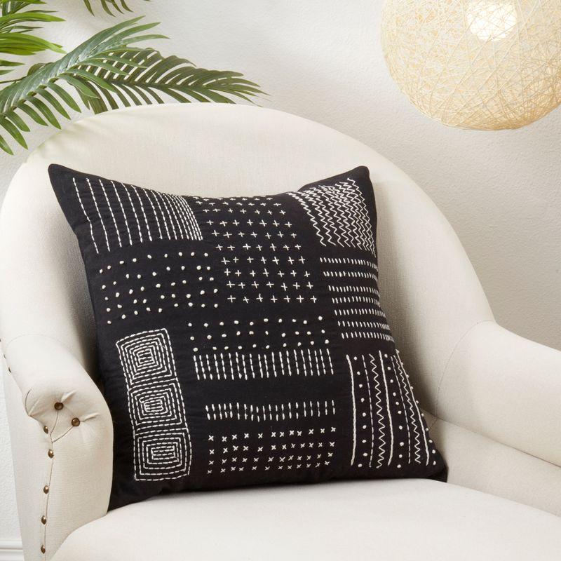 Black Cotton Embroidered Square Throw Pillow with Down Fill