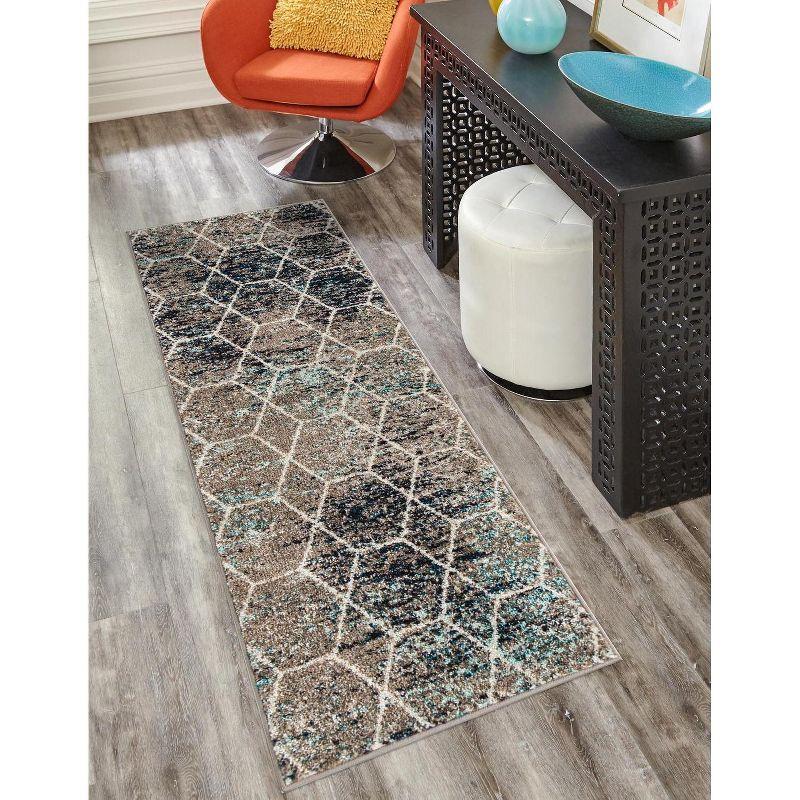 Blue and Beige Geometric Trellis Synthetic Runner Rug