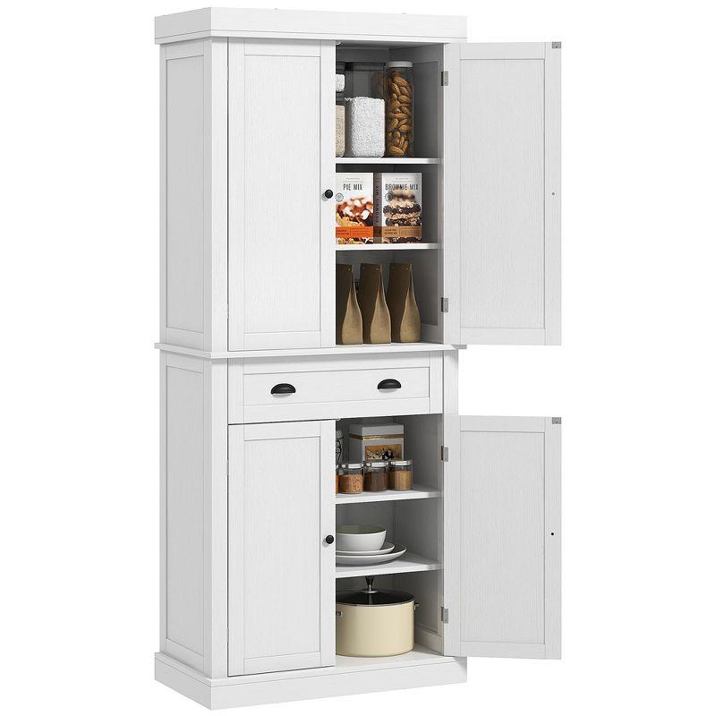 HOMCOM 72.5" Traditional Freestanding Kitchen Pantry Cupboard with 2 Cabinet, Drawer and Adjustable Shelves, White Wood Grain