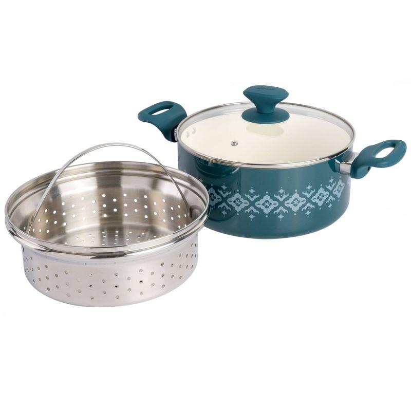 Spice By Tia Mowry Savory Saffron Nonstick Ceramic Dutch Oven With Stainless Steel Steamer, 5-Quart, Charcoal, Enamel Exterior, Stay-Cool Handles