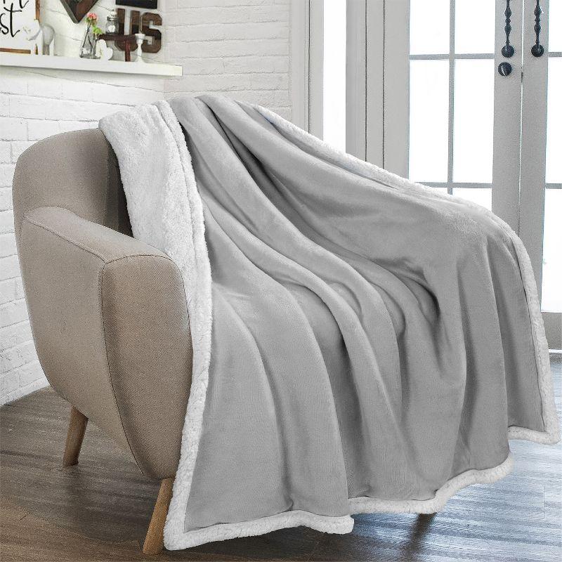 PAVILIA Premium Faux Shearling Fleece Throw Blanket for Bed, Reversible Warm Blanket for Couch Sofa, Light Gray/Throw - 50x60