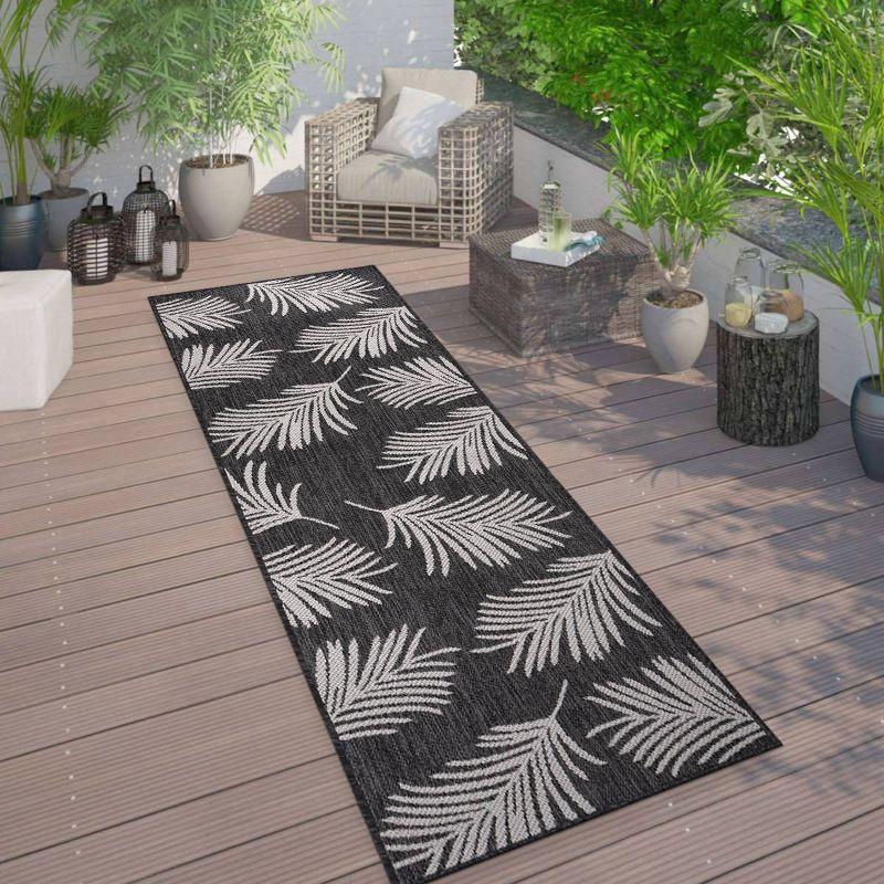 Tropical Palm Leaves Black Synthetic Flatwoven Reversible Rug - 2'x7'