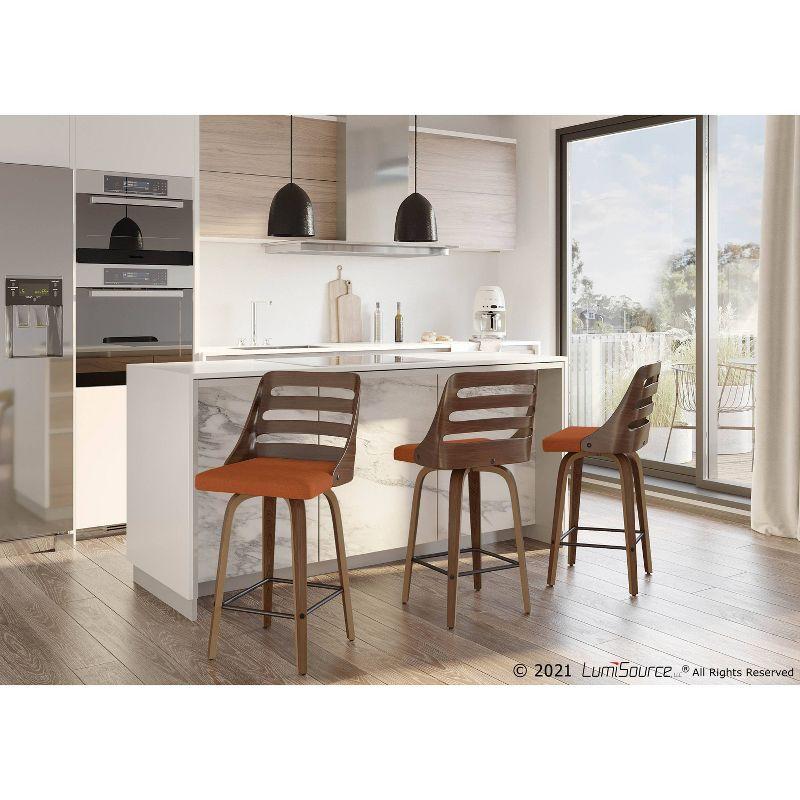 Set of 2 Trevi Upholstered Counter Height Barstools Orange/Walnut - Lumisource: Modern Ladder-Back, Swivel Design, Wood Legs