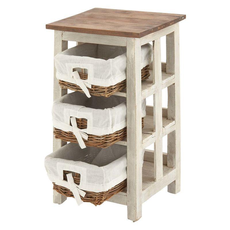 Antiqued White Wood and Rattan 3-Drawer Storage Unit