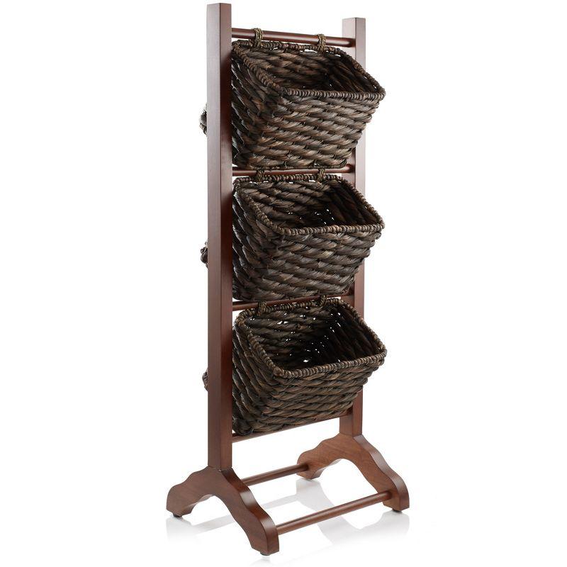 Casafield 3-Tier Floor Stand with Hanging Storage Baskets, Walnut/Espresso - Wood Tower Rack for Bathroom, Kitchen, Laundry, Living Room