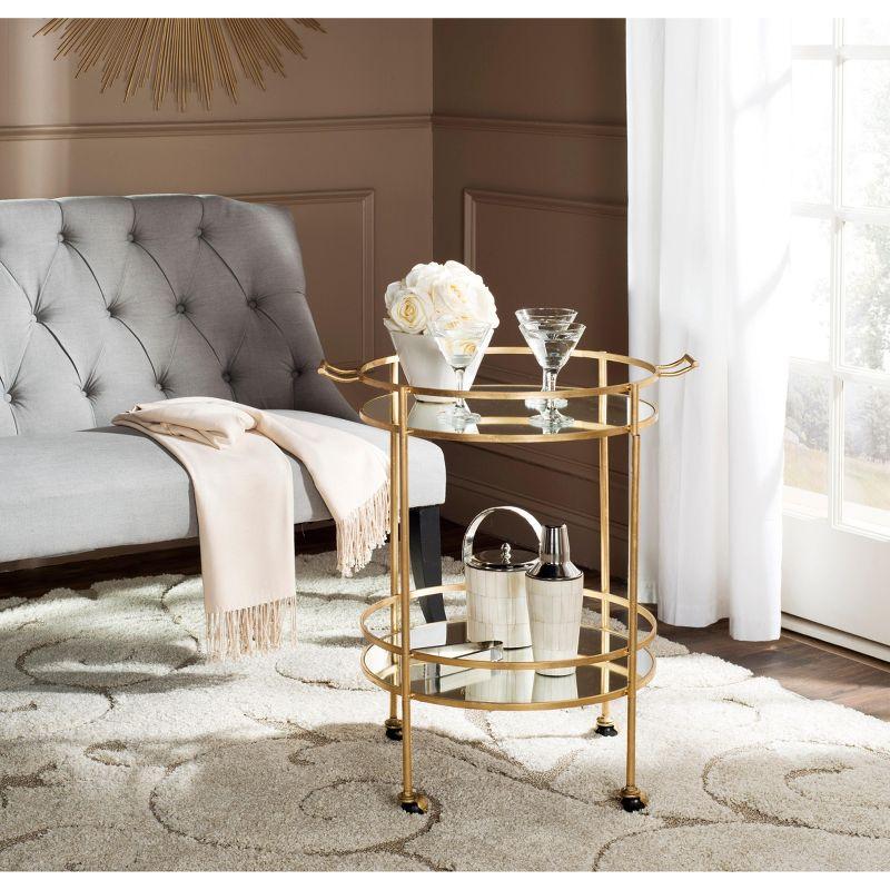 Transitional 26'' Gold Round Bar Cart with Mirrored Shelves